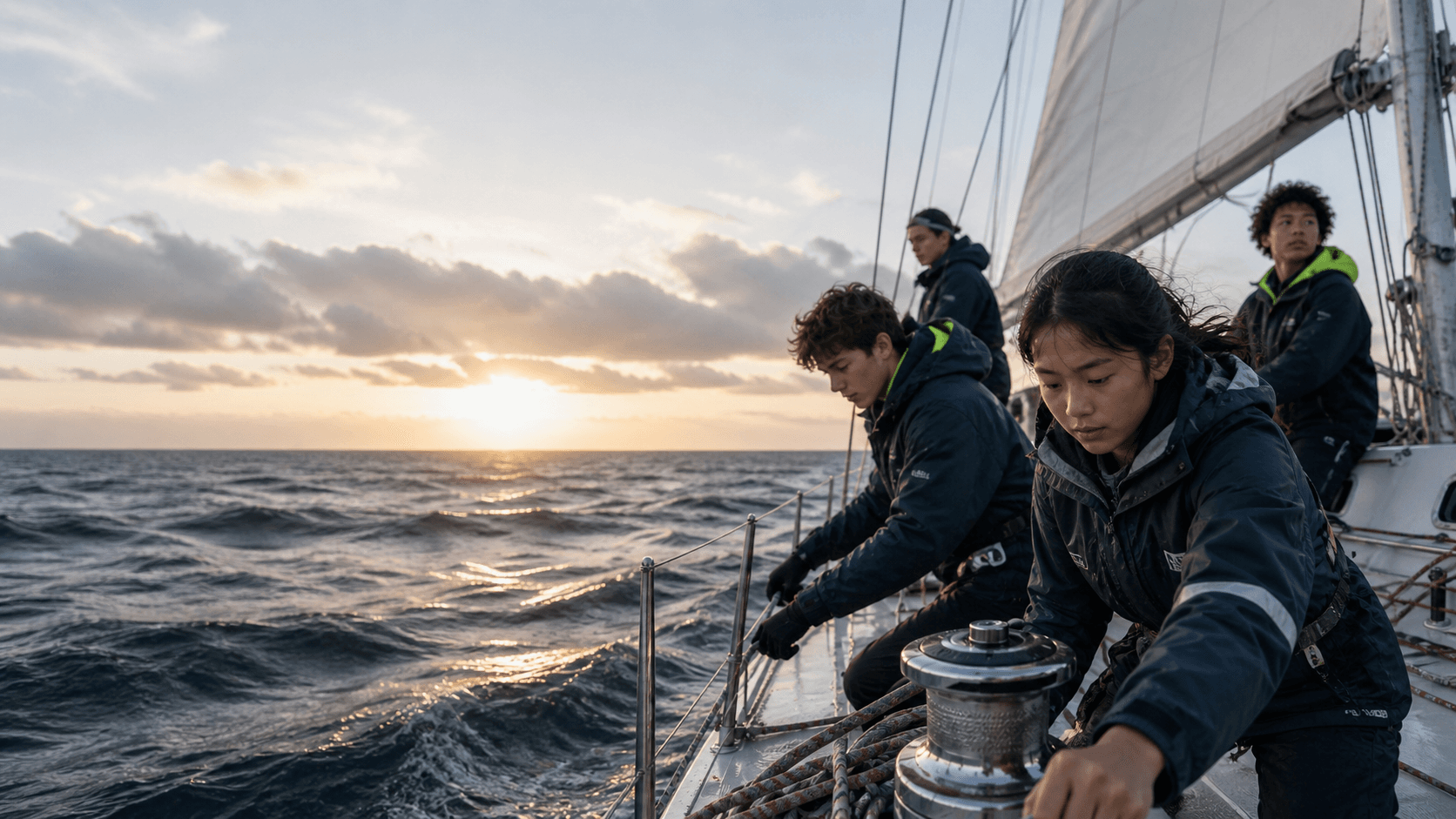 Young explorers working as a sailing crew on open water at dawn.