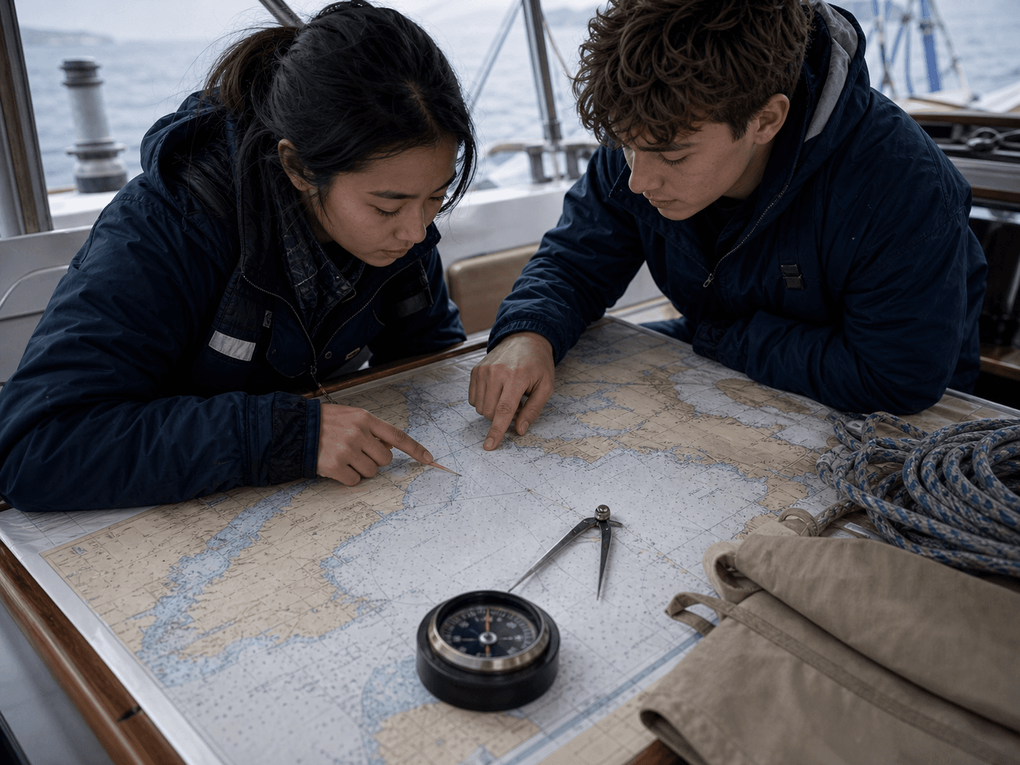 A weathered maritime chart, compass and route marks on a working table.